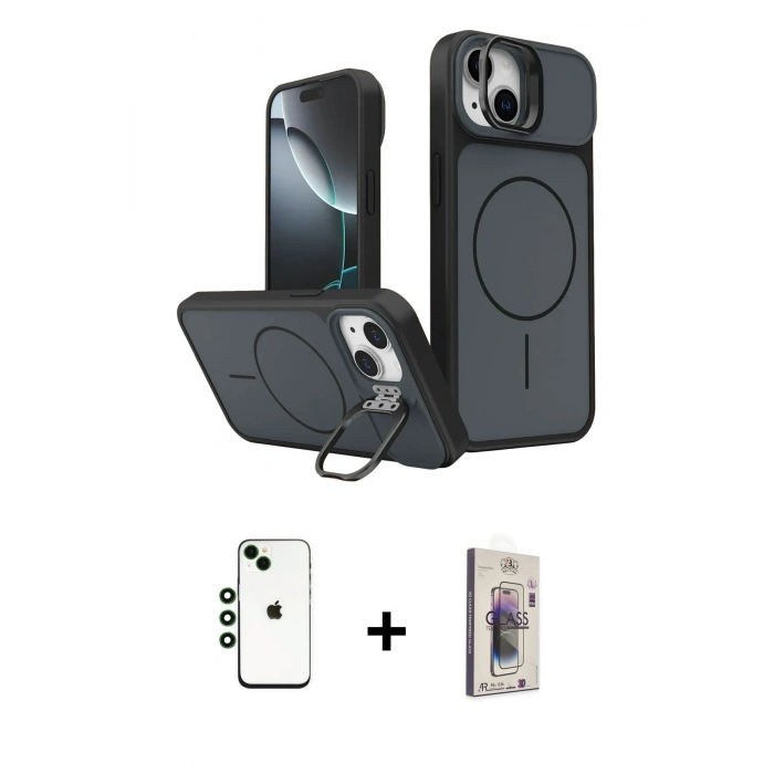 MARSİLYAN™- iPhone 14 Kılıf İz Modern Prime - Siyah Bilvis 3D Cam Ekran Koruyucu + Shine Kamera Lens - YL