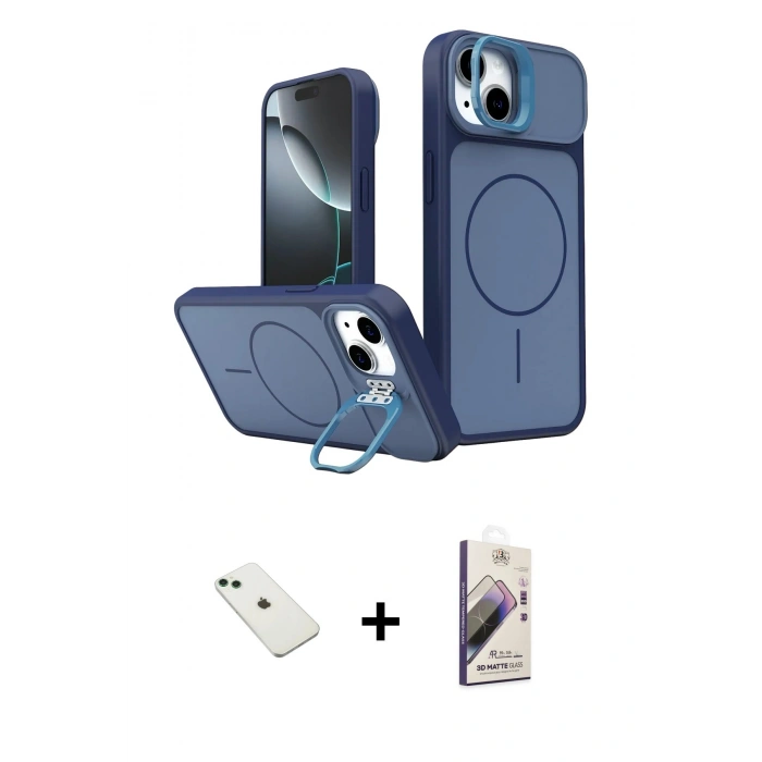 MARSİLYAN™- iPhone 14 Kılıf İz Modern Prime - Siyah Bilvis 3D Mat Cam Ekran Koruyucu + Diamond Kamera Lens - YL