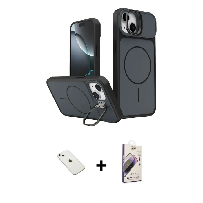 MARSİLYAN™- iPhone 14 Kılıf İz Modern Prime - Siyah Bilvis 3D Mat Cam Ekran Koruyucu + Diamond Kamera Lens - SABE