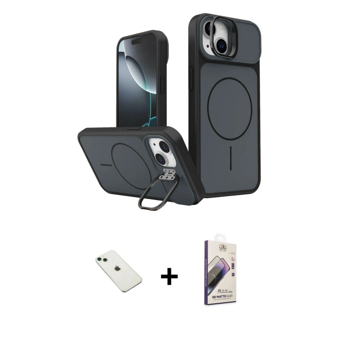 MARSİLYAN™- iPhone 14 Kılıf İz Modern Prime - Siyah Bilvis 3D Mat Cam Ekran Koruyucu + Diamond Kamera Lens - YL