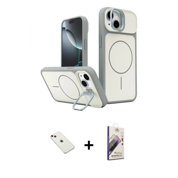MARSİLYAN™- iPhone 14 Kılıf İz Modern Prime - Siyah Bilvis 3D Mat Cam Ekran Koruyucu + Diamond Kamera Lens - KI