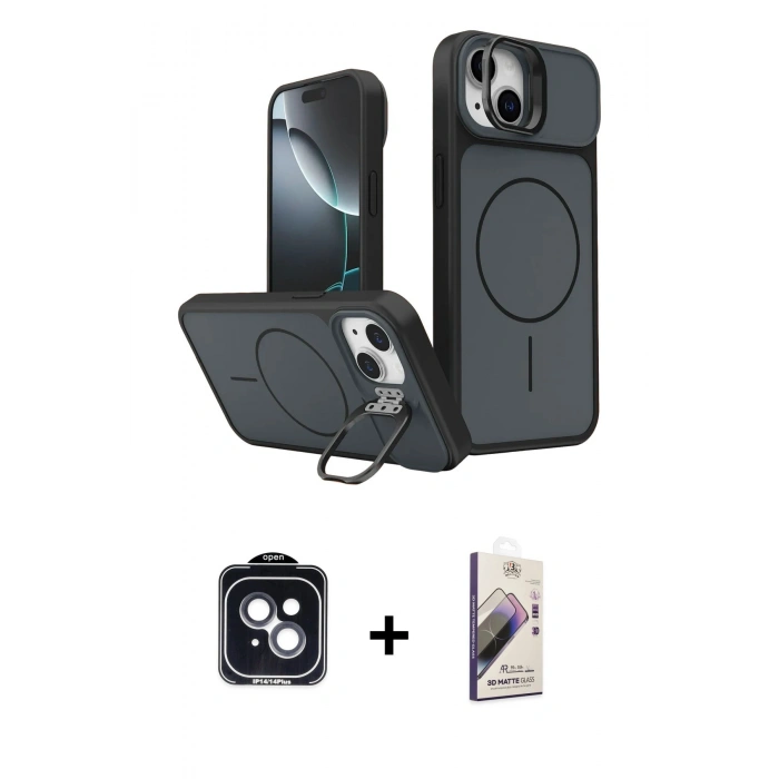 MARSİLYAN™- iPhone 14 Kılıf İz Modern Prime - Siyah Bilvis 3D Mat Cam Ekran Koruyucu + PVD Metal Kamera Lens - SH