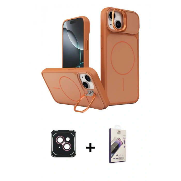 MARSİLYAN™- iPhone 14 Kılıf İz Modern Prime - Siyah Bilvis 3D Mat Cam Ekran Koruyucu + PVD Metal Kamera Lens - PE