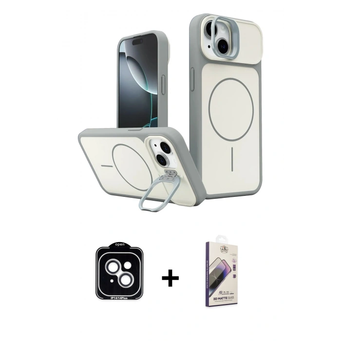 MARSİLYAN™- iPhone 14 Kılıf İz Modern Prime - Siyah Bilvis 3D Mat Cam Ekran Koruyucu + PVD Metal Kamera Lens - GS