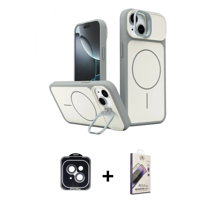 MARSİLYAN™- iPhone 14 Kılıf İz Modern Prime - Siyah Bilvis 3D Mat Cam Ekran Koruyucu + PVD Metal Kamera Lens - SH