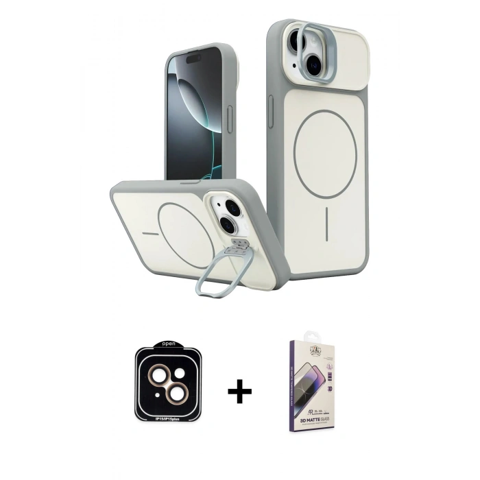 MARSİLYAN™- iPhone 14 Kılıf İz Modern Prime - Siyah Bilvis 3D Mat Cam Ekran Koruyucu + PVD Metal Kamera Lens - TU