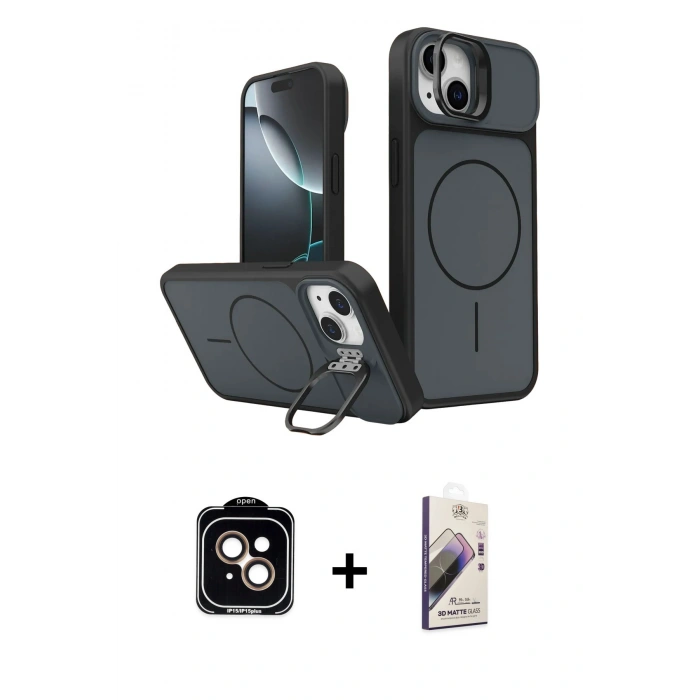 MARSİLYAN™- iPhone 14 Kılıf İz Modern Prime - Siyah Bilvis 3D Mat Cam Ekran Koruyucu + PVD Metal Kamera Lens - TU