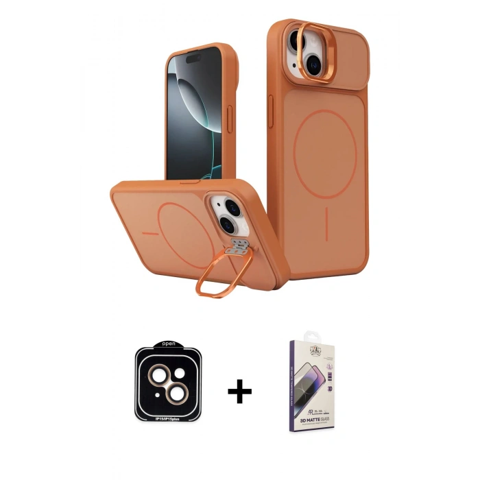 MARSİLYAN™- iPhone 14 Kılıf İz Modern Prime - Siyah Bilvis 3D Mat Cam Ekran Koruyucu + PVD Metal Kamera Lens - TU