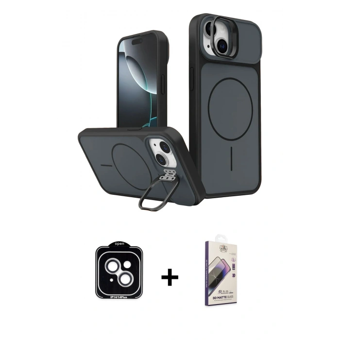 MARSİLYAN™- iPhone 14 Kılıf İz Modern Prime - Siyah Bilvis 3D Mat Cam Ekran Koruyucu + PVD Metal Kamera Lens - GS
