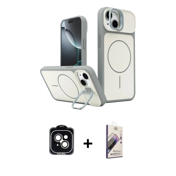 MARSİLYAN™- iPhone 14 Kılıf İz Modern Prime - Siyah Bilvis 3D Mat Cam Ekran Koruyucu + PVD Metal Kamera Lens - YL