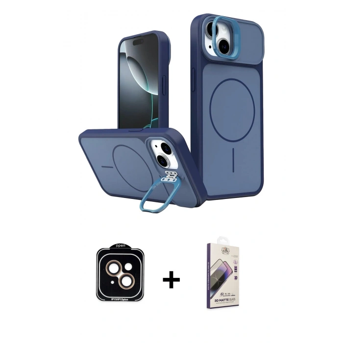 MARSİLYAN™- iPhone 14 Kılıf İz Modern Prime - Siyah Bilvis 3D Mat Cam Ekran Koruyucu + PVD Metal Kamera Lens - TU