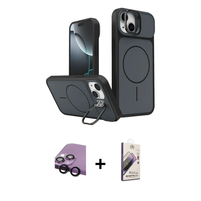 MARSİLYAN™- iPhone 14 Kılıf İz Modern Prime - Siyah Bilvis 3D Mat Cam Ekran Koruyucu + Raze Metal Kamera Lens - SH