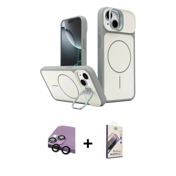MARSİLYAN™- iPhone 14 Kılıf İz Modern Prime - Siyah Bilvis 3D Mat Cam Ekran Koruyucu + Raze Metal Kamera Lens - SH