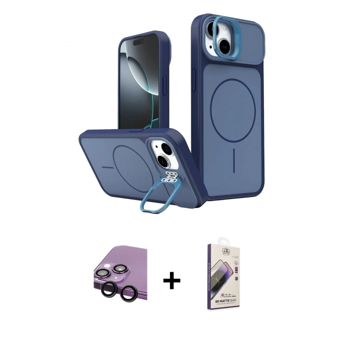 MARSİLYAN™- iPhone 14 Kılıf İz Modern Prime - Siyah Bilvis 3D Mat Cam Ekran Koruyucu + Raze Metal Kamera Lens - SH