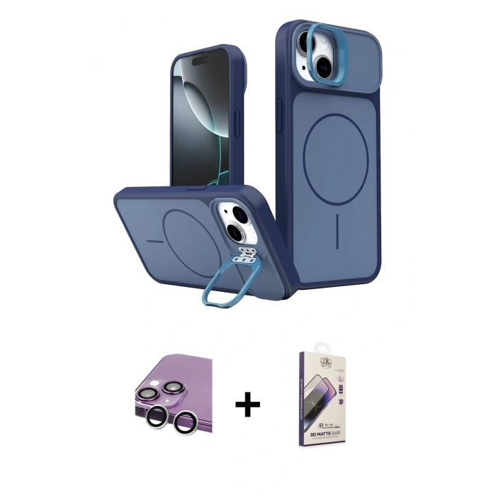 MARSİLYAN™- iPhone 14 Kılıf İz Modern Prime - Siyah Bilvis 3D Mat Cam Ekran Koruyucu + Raze Metal Kamera Lens - GS
