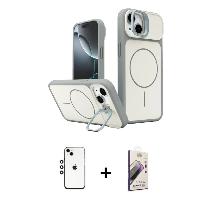 MARSİLYAN™- iPhone 14 Kılıf İz Modern Prime - Siyah Bilvis 3D Mat Cam Ekran Koruyucu + Shine Kamera Lens - GS