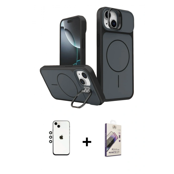 MARSİLYAN™- iPhone 14 Kılıf İz Modern Prime - Siyah Bilvis 3D Mat Cam Ekran Koruyucu + Shine Kamera Lens - GS