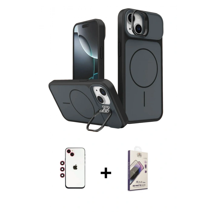 MARSİLYAN™- iPhone 14 Kılıf İz Modern Prime - Siyah Bilvis 3D Mat Cam Ekran Koruyucu + Shine Kamera Lens - KI