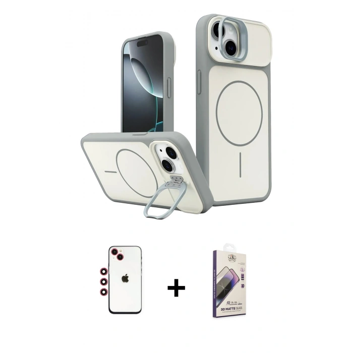 MARSİLYAN™- iPhone 14 Kılıf İz Modern Prime - Siyah Bilvis 3D Mat Cam Ekran Koruyucu + Shine Kamera Lens - KI