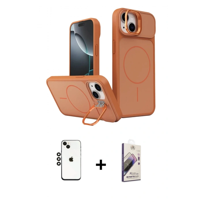 MARSİLYAN™- iPhone 14 Kılıf İz Modern Prime - Siyah Bilvis 3D Mat Cam Ekran Koruyucu + Shine Kamera Lens - SH