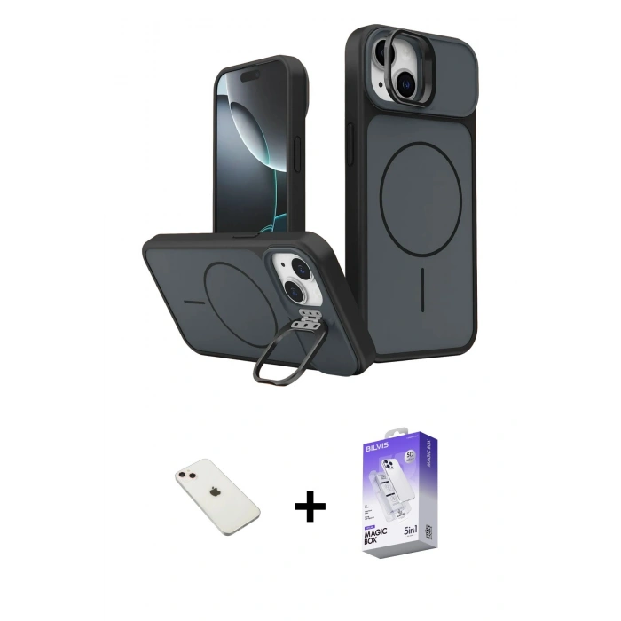 MARSİLYAN™- iPhone 14 Kılıf İz Modern Prime - Siyah Bilvis 5in1 3D Magic Cam Ekran Koruyucu + Diamond Kamera Lens - PE