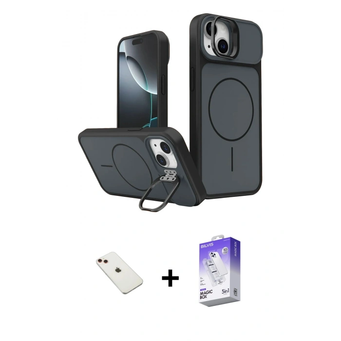 MARSİLYAN™- iPhone 14 Kılıf İz Modern Prime - Siyah Bilvis 5in1 3D Magic Cam Ekran Koruyucu + Diamond Kamera Lens - KI