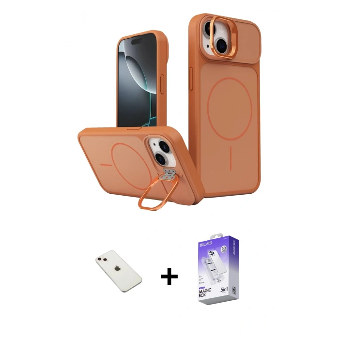 MARSİLYAN™- iPhone 14 Kılıf İz Modern Prime - Siyah Bilvis 5in1 3D Magic Cam Ekran Koruyucu + Diamond Kamera Lens - PE