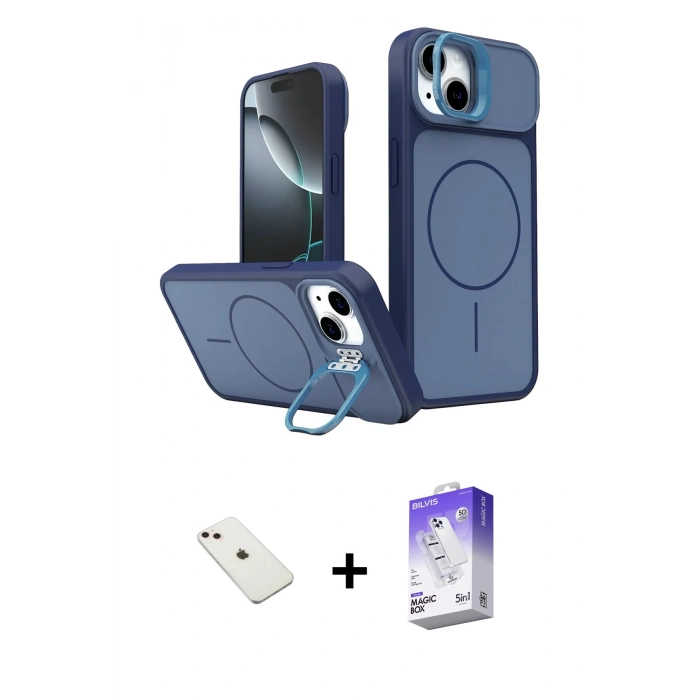 MARSİLYAN™- iPhone 14 Kılıf İz Modern Prime - Siyah Bilvis 5in1 3D Magic Cam Ekran Koruyucu + Diamond Kamera Lens - PE
