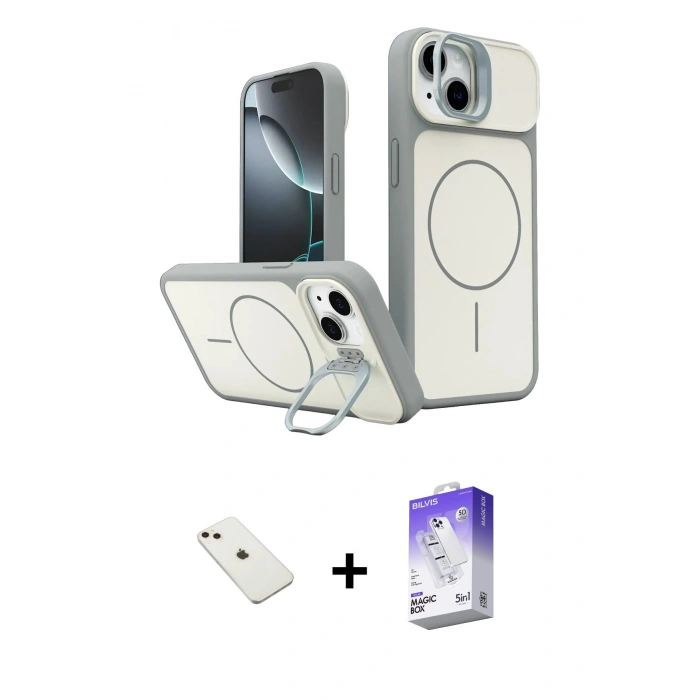 MARSİLYAN™- iPhone 14 Kılıf İz Modern Prime - Siyah Bilvis 5in1 3D Magic Cam Ekran Koruyucu + Diamond Kamera Lens - PE