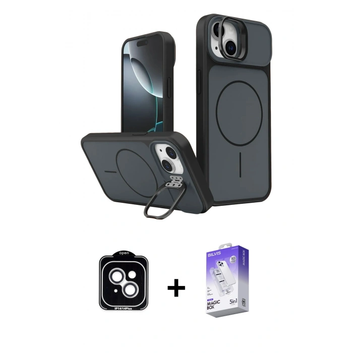 MARSİLYAN™- iPhone 14 Kılıf İz Modern Prime - Siyah Bilvis 5in1 3D Magic Cam Ekran Koruyucu + PVD Metal Kamera Lens - GS