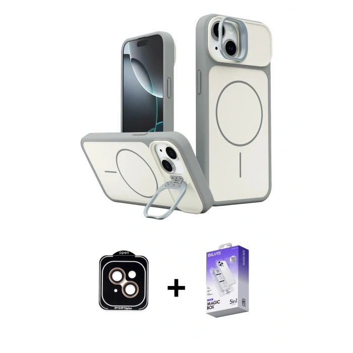 MARSİLYAN™- iPhone 14 Kılıf İz Modern Prime - Siyah Bilvis 5in1 3D Magic Cam Ekran Koruyucu + PVD Metal Kamera Lens - TU
