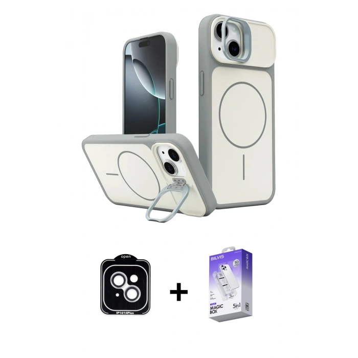 MARSİLYAN™- iPhone 14 Kılıf İz Modern Prime - Siyah Bilvis 5in1 3D Magic Cam Ekran Koruyucu + PVD Metal Kamera Lens - GS