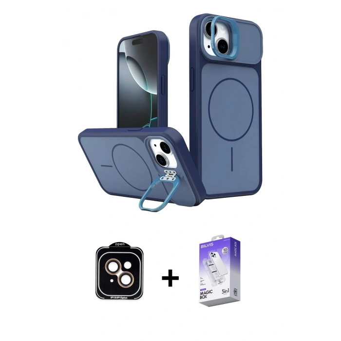 MARSİLYAN™- iPhone 14 Kılıf İz Modern Prime - Siyah Bilvis 5in1 3D Magic Cam Ekran Koruyucu + PVD Metal Kamera Lens - TU