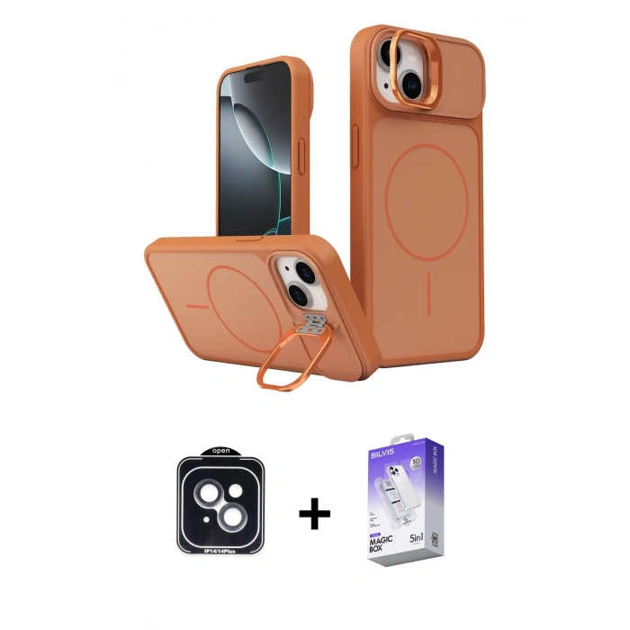 MARSİLYAN™- iPhone 14 Kılıf İz Modern Prime - Siyah Bilvis 5in1 3D Magic Cam Ekran Koruyucu + PVD Metal Kamera Lens - SH