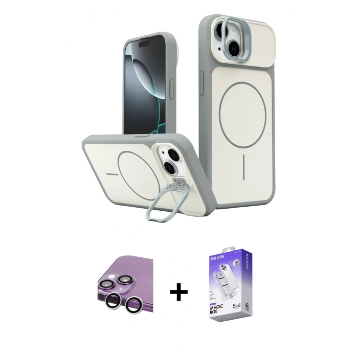 MARSİLYAN™- iPhone 14 Kılıf İz Modern Prime - Siyah Bilvis 5in1 3D Magic Cam Ekran Koruyucu + Raze Metal Kamera Lens - GS