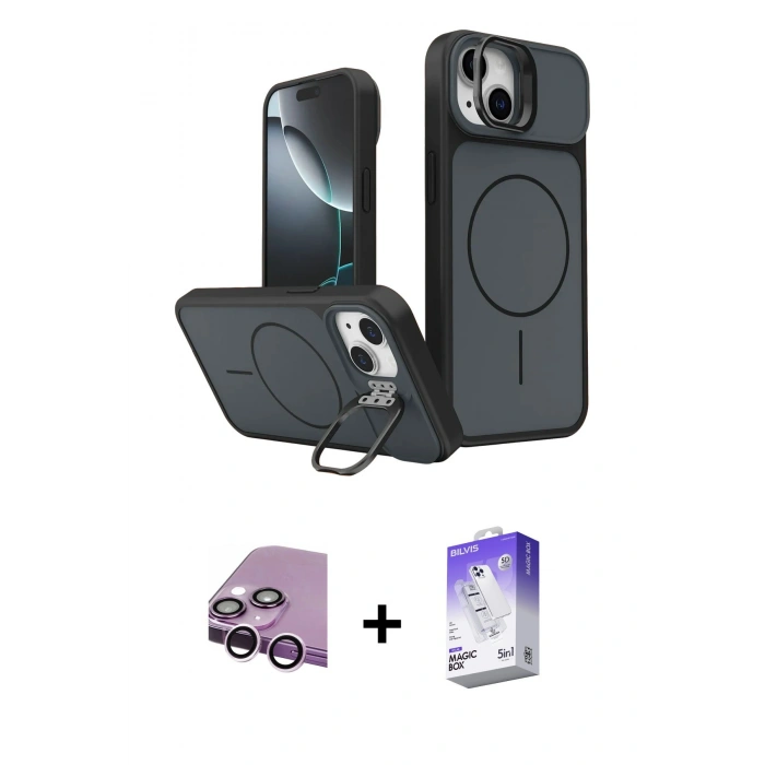 MARSİLYAN™- iPhone 14 Kılıf İz Modern Prime - Siyah Bilvis 5in1 3D Magic Cam Ekran Koruyucu + Raze Metal Kamera Lens - MR