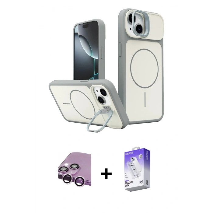 MARSİLYAN™- iPhone 14 Kılıf İz Modern Prime - Siyah Bilvis 5in1 3D Magic Cam Ekran Koruyucu + Raze Metal Kamera Lens - MR