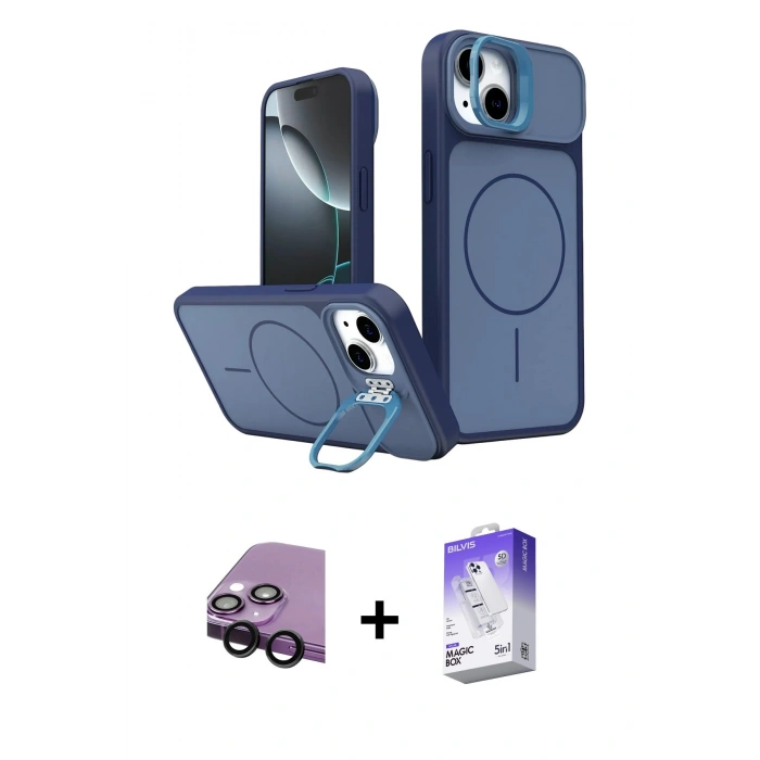 MARSİLYAN™- iPhone 14 Kılıf İz Modern Prime - Siyah Bilvis 5in1 3D Magic Cam Ekran Koruyucu + Raze Metal Kamera Lens - SH