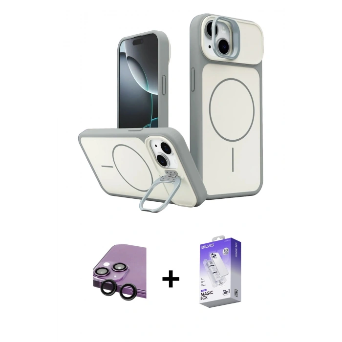 MARSİLYAN™- iPhone 14 Kılıf İz Modern Prime - Siyah Bilvis 5in1 3D Magic Cam Ekran Koruyucu + Raze Metal Kamera Lens - SH