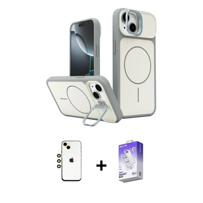 MARSİLYAN™- iPhone 14 Kılıf İz Modern Prime - Siyah Bilvis 5in1 3D Magic Cam Ekran Koruyucu + Shine Kamera Lens - GD