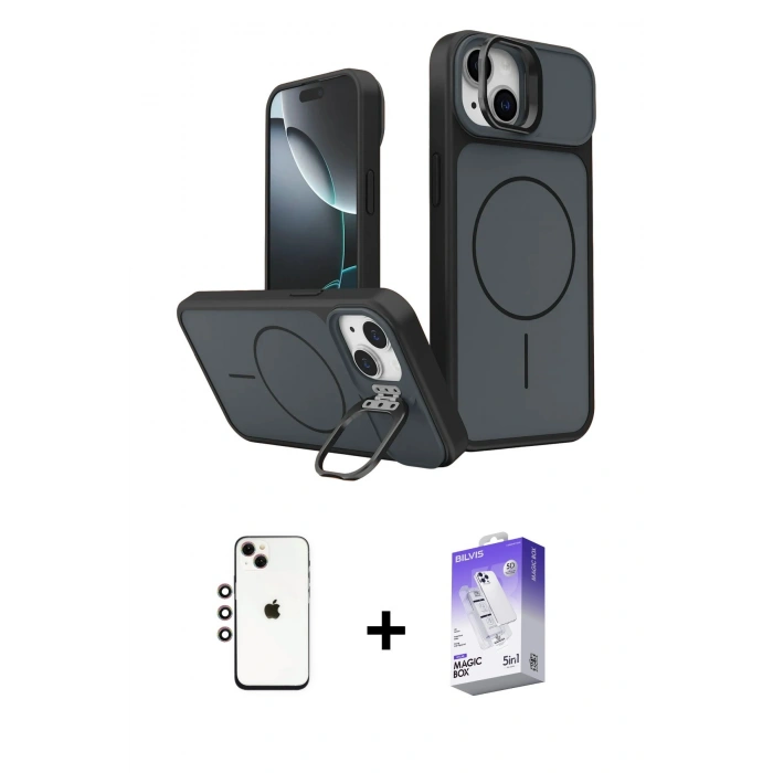 MARSİLYAN™- iPhone 14 Kılıf İz Modern Prime - Siyah Bilvis 5in1 3D Magic Cam Ekran Koruyucu + Shine Kamera Lens - GI