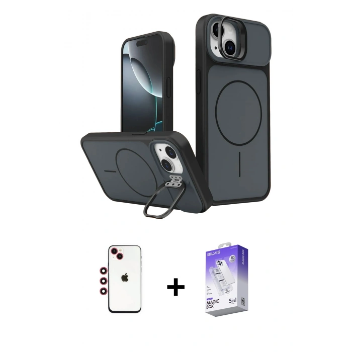 MARSİLYAN™- iPhone 14 Kılıf İz Modern Prime - Siyah Bilvis 5in1 3D Magic Cam Ekran Koruyucu + Shine Kamera Lens - KI