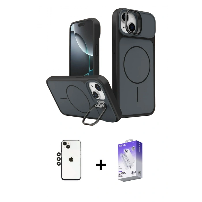 MARSİLYAN™- iPhone 14 Kılıf İz Modern Prime - Siyah Bilvis 5in1 3D Magic Cam Ekran Koruyucu + Shine Kamera Lens - SH