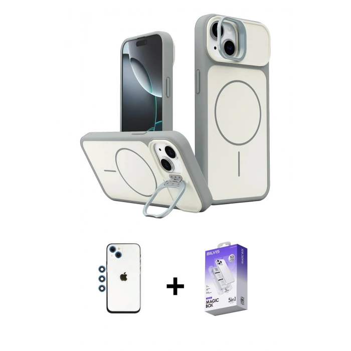 MARSİLYAN™- iPhone 14 Kılıf İz Modern Prime - Siyah Bilvis 5in1 3D Magic Cam Ekran Koruyucu + Shine Kamera Lens - MI