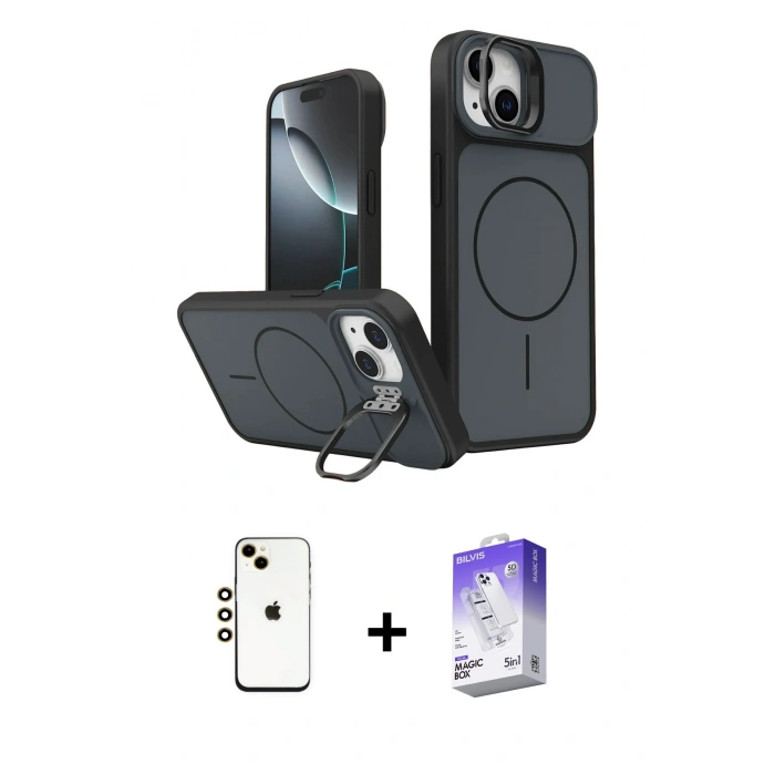 MARSİLYAN™- iPhone 14 Kılıf İz Modern Prime - Siyah Bilvis 5in1 3D Magic Cam Ekran Koruyucu + Shine Kamera Lens - GD