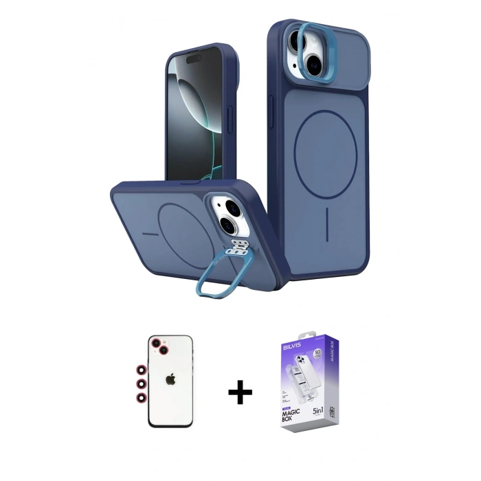 MARSİLYAN™- iPhone 14 Kılıf İz Modern Prime - Siyah Bilvis 5in1 3D Magic Cam Ekran Koruyucu + Shine Kamera Lens - KI