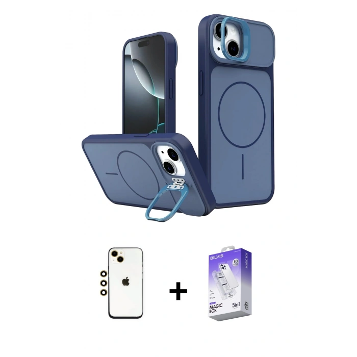 MARSİLYAN™- iPhone 14 Kılıf İz Modern Prime - Siyah Bilvis 5in1 3D Magic Cam Ekran Koruyucu + Shine Kamera Lens - GD