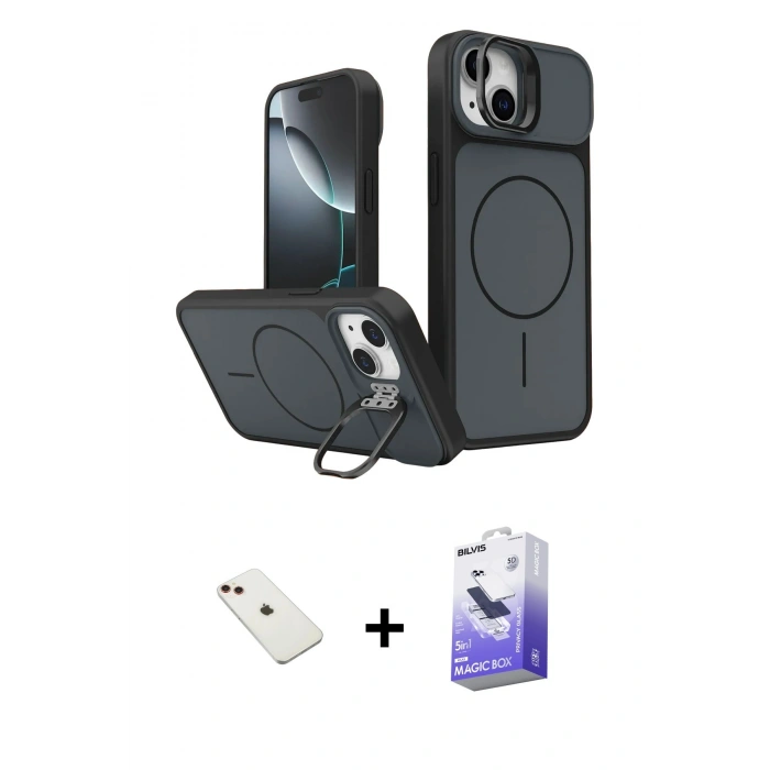 MARSİLYAN™- iPhone 14 Kılıf İz Modern Prime - Siyah Bilvis 5in1 5D Magic Hayalet Cam Ekran Koruyucu + Diamond Kamera Lens - KI