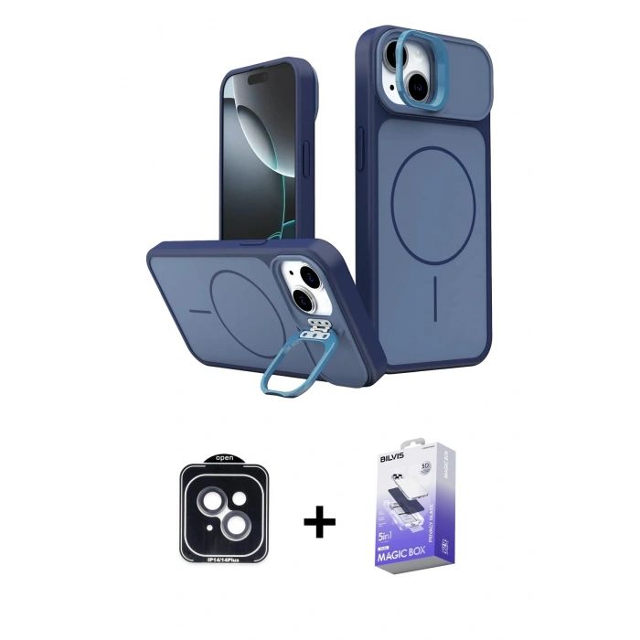 MARSİLYAN™- iPhone 14 Kılıf İz Modern Prime - Siyah Bilvis 5in1 5D Magic Hayalet Cam Ekran Koruyucu + PVD Metal Kamera Lens - SH