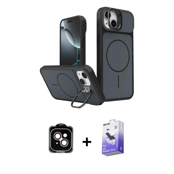 MARSİLYAN™- iPhone 14 Kılıf İz Modern Prime - Siyah Bilvis 5in1 5D Magic Hayalet Cam Ekran Koruyucu + PVD Metal Kamera Lens - TU